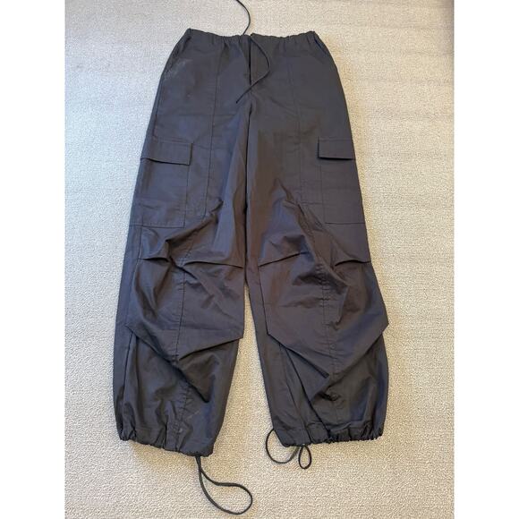 ZARA Women's Parachute Cargo Pants XS Black Wide Leg Drawstring Streetwear - Picture 1 of 16